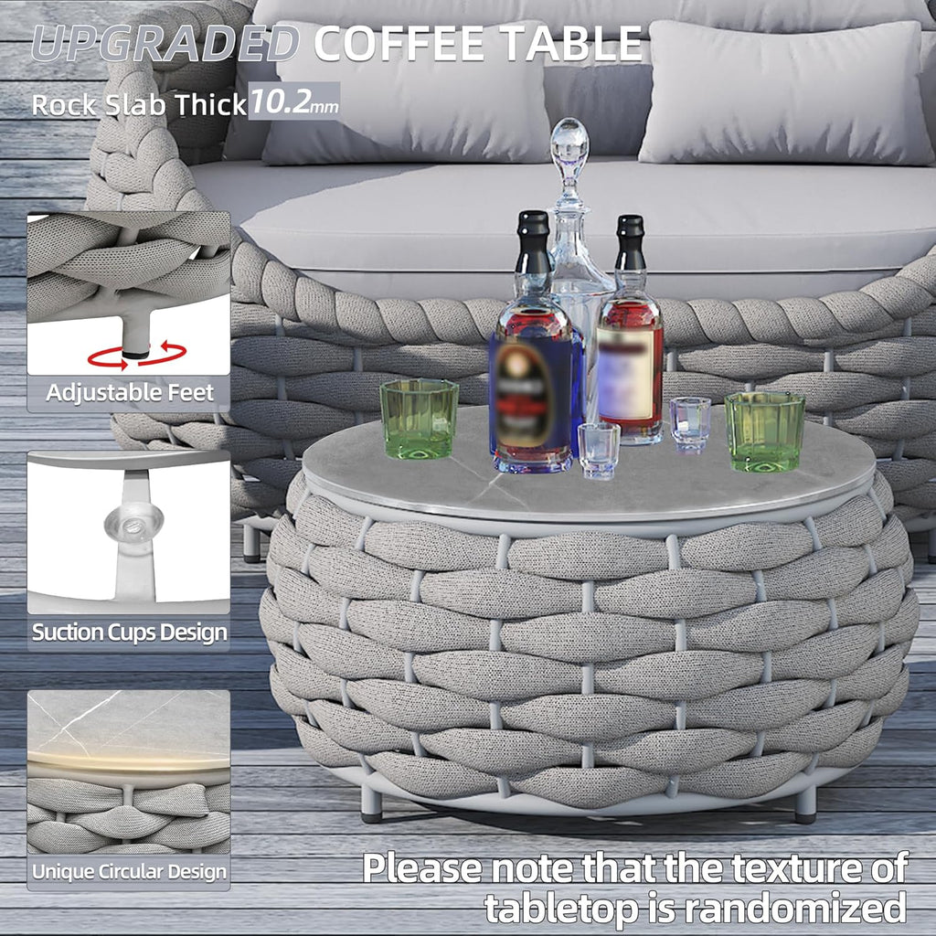 Outdoor Patio Furniture Set-5 Pieces Aluminum Sectional Sofa, Metal Patio Conversation Set with Threeseat & Armchair, Textile Rope and Coffee Table, Light Grey