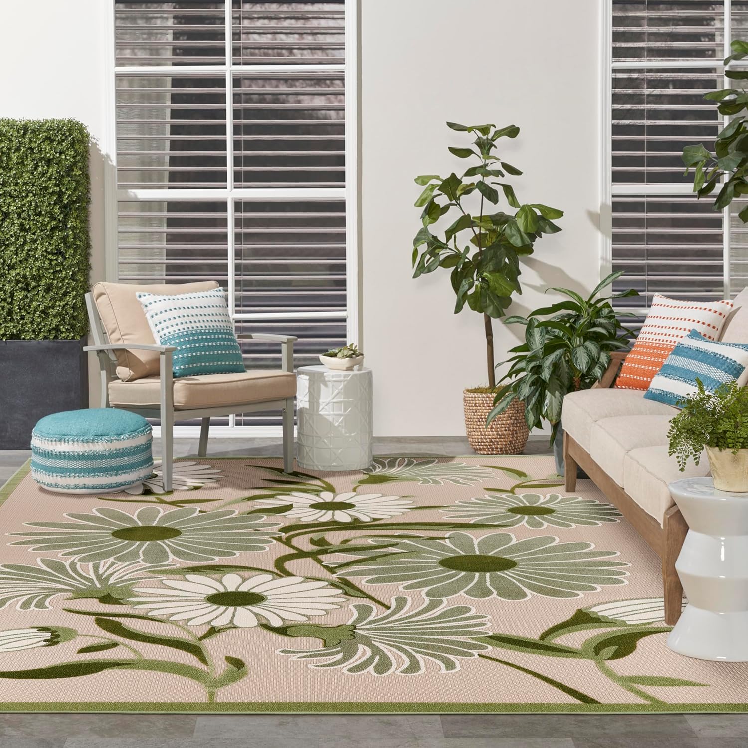 Nourison Home Aloha Indoor/Outdoor Ivory Green 10' x 14' Area Rug, Easy-Cleaning, Non-Shedding, Bed Room, Living Room, Dining Room, Backyard, Patio, Deck (10x14)