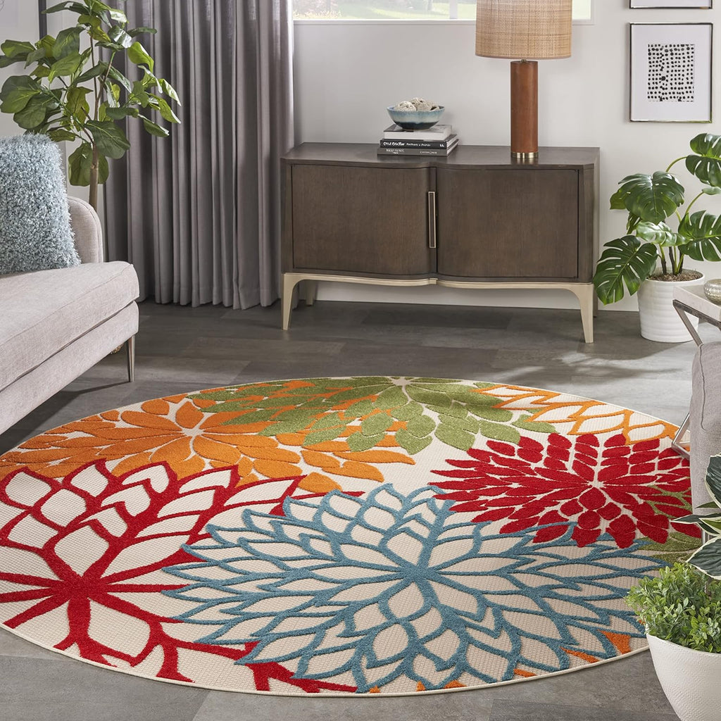 Nourison Home Aloha Indoor/Outdoor Green 7'10'' x Round Area-Rug, Tropical, Botanical, Easy Clean, Non Shedding, Bed Room, Living Room, Dining Room, Deck, Backyard, Patio (8 Round)