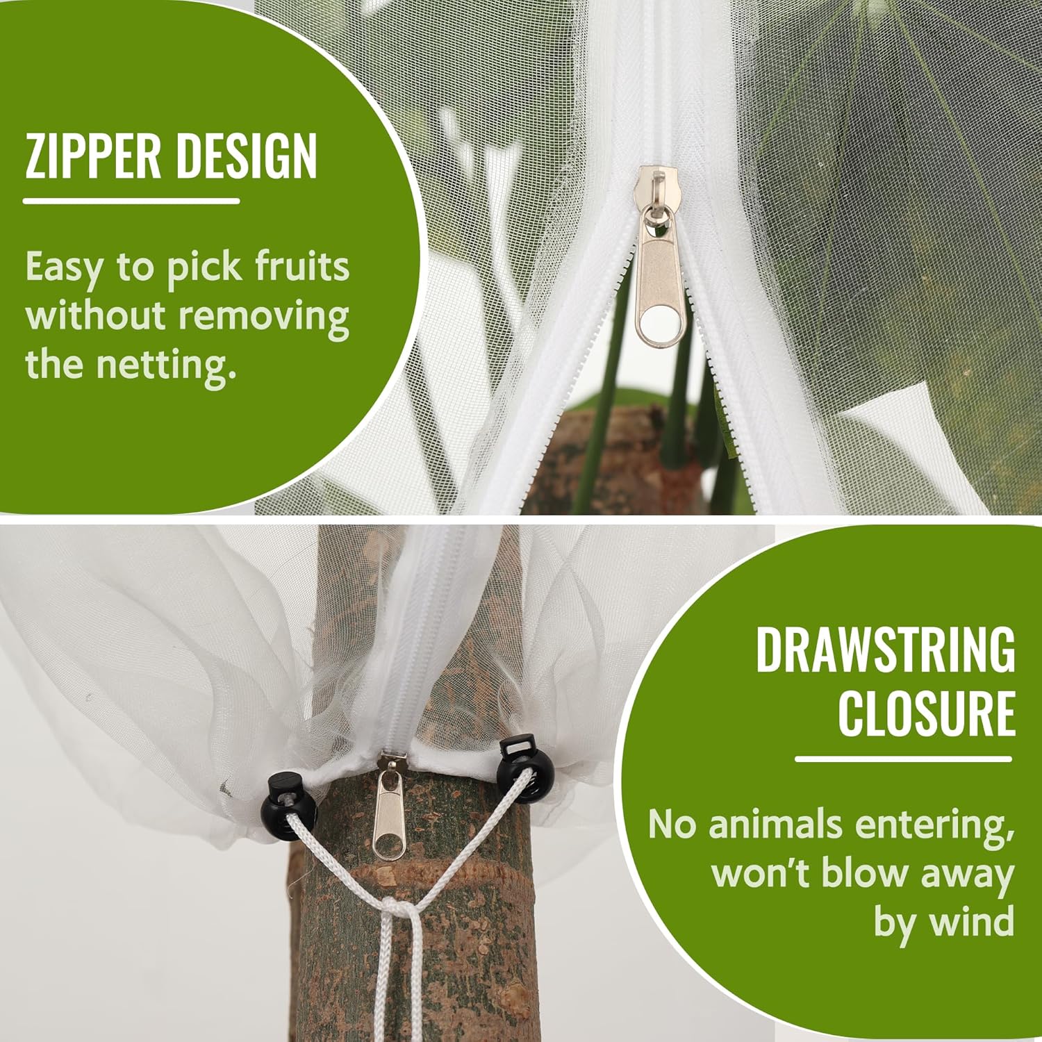 2 Pack Fruit Tree Netting Bags with Zipper and Drawstring, 6 x 6ft Ultra Fine Mesh Garden Netting Plant Cover, Bird Netting for Blueberry Bushes, Fruit Trees, Flowers (White, 6 x 6 ft)