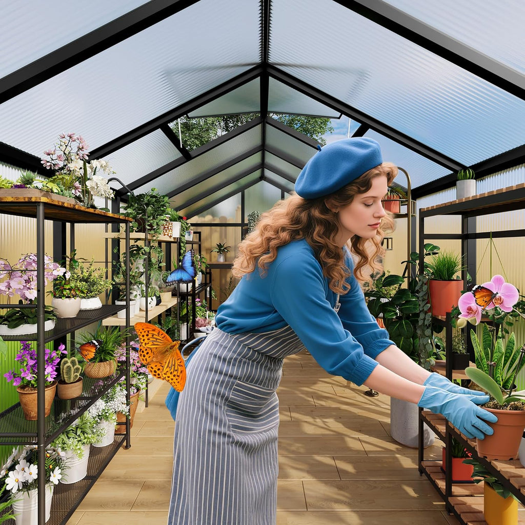 6x10 FT Greenhouse, Easy Assembly Aluminum Polycarbonate Greenhouses for Outdoors with Roof Vent and Ground Nails, Heavy Duty Aluminum Walk-in Greenhouse for Backyard, Sliding Lockable Door, Black