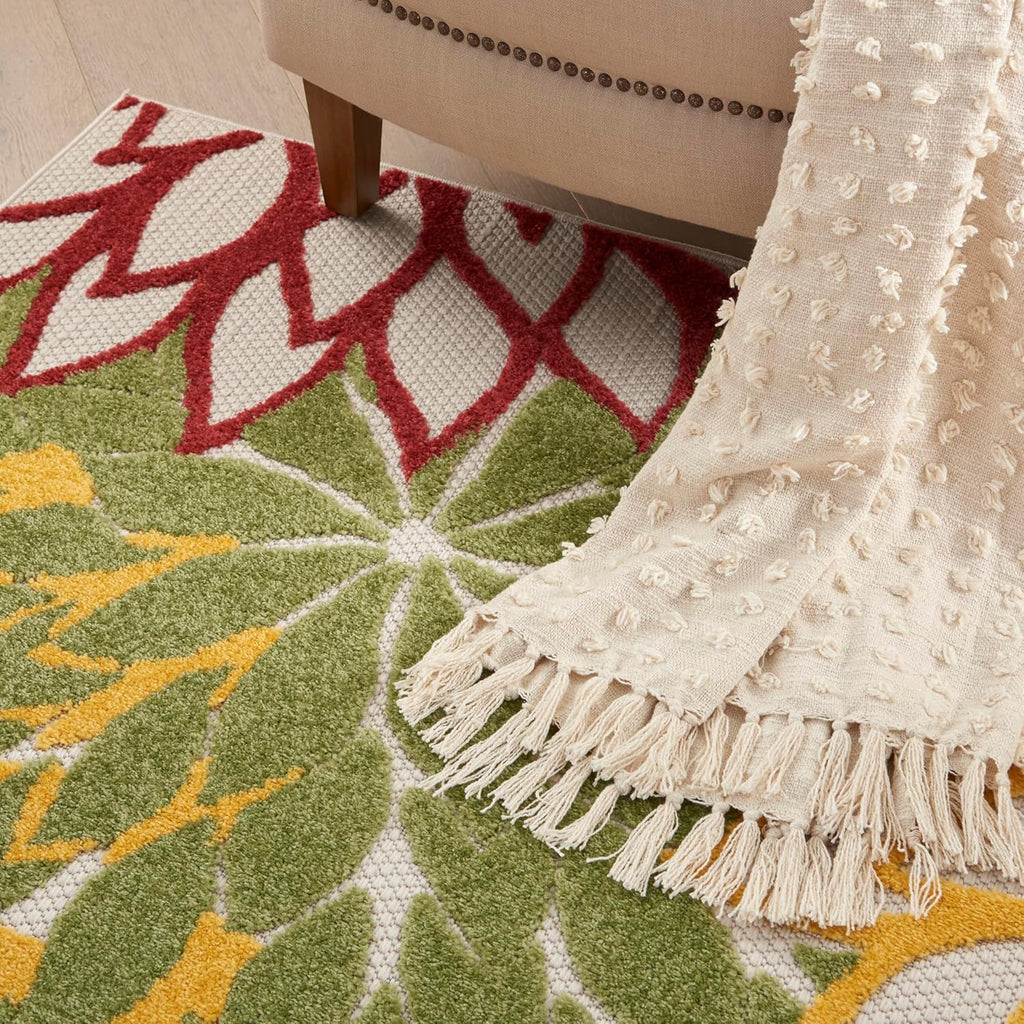 Nourison Aloha Indoor/Outdoor Red Multi Colored 6' x 9' Area Rug, Tropical, Botanical, Easy Cleaning, Non Shedding, Bed Room, Living Room, Dining Room, Deck, Backyard, Patio (6x9)