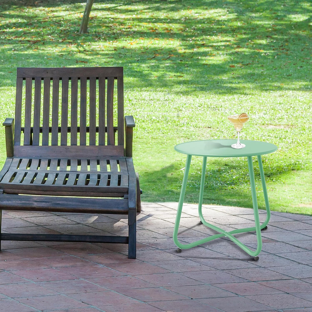 Patio Side Table Waterproof Round Metal Steel Weather Resistant Portable Outdoor and Indoor End Table for Garden Balcony Yard, Bean Green