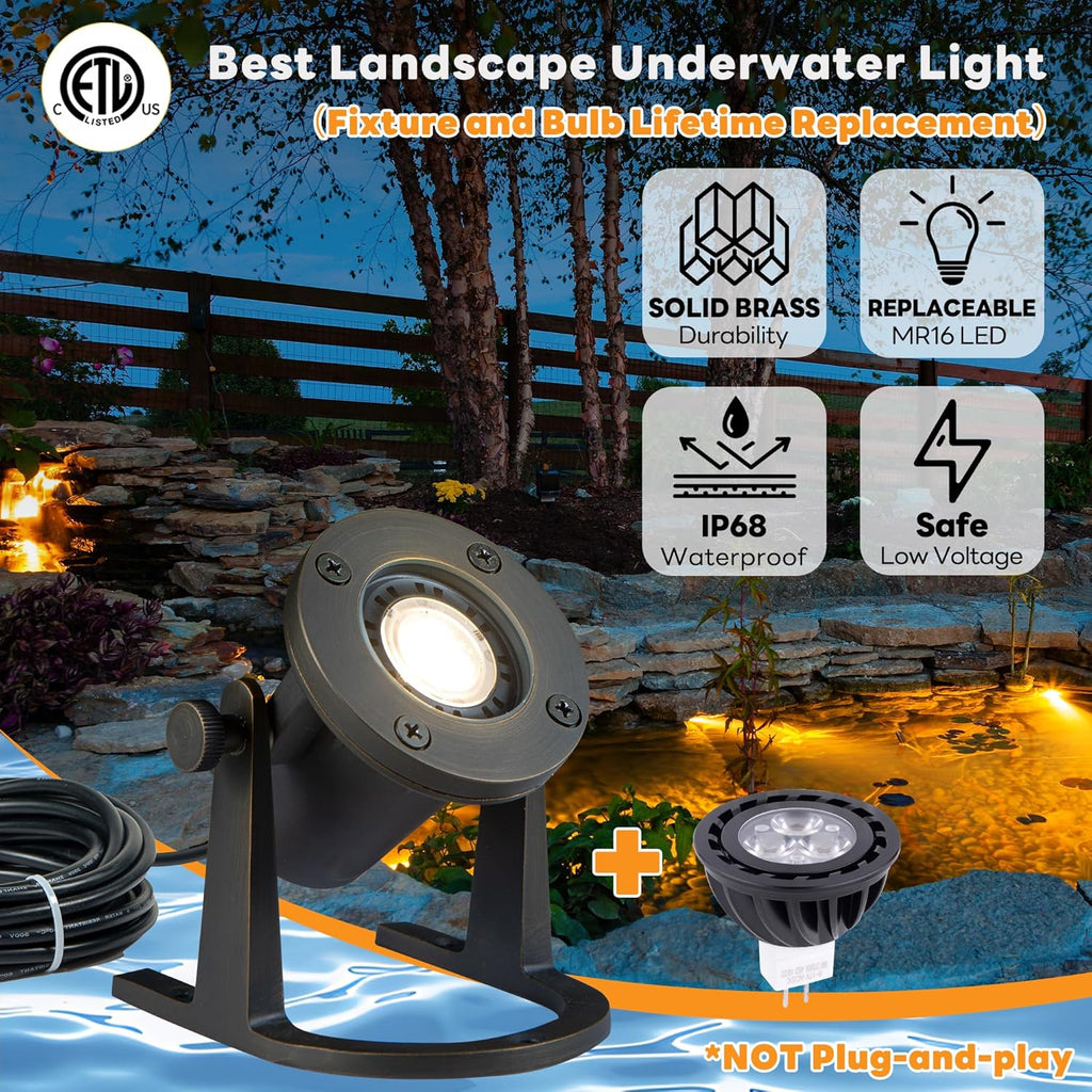 Submersible Pond Light - 12V Low Voltage IP68 Waterproof, Solid Brass Underwater Light with 4000K MR16 LED Bulb, for Water Fountains, Waterfalls, Pool and Outdoor Landscape Lighting(4 Pack)