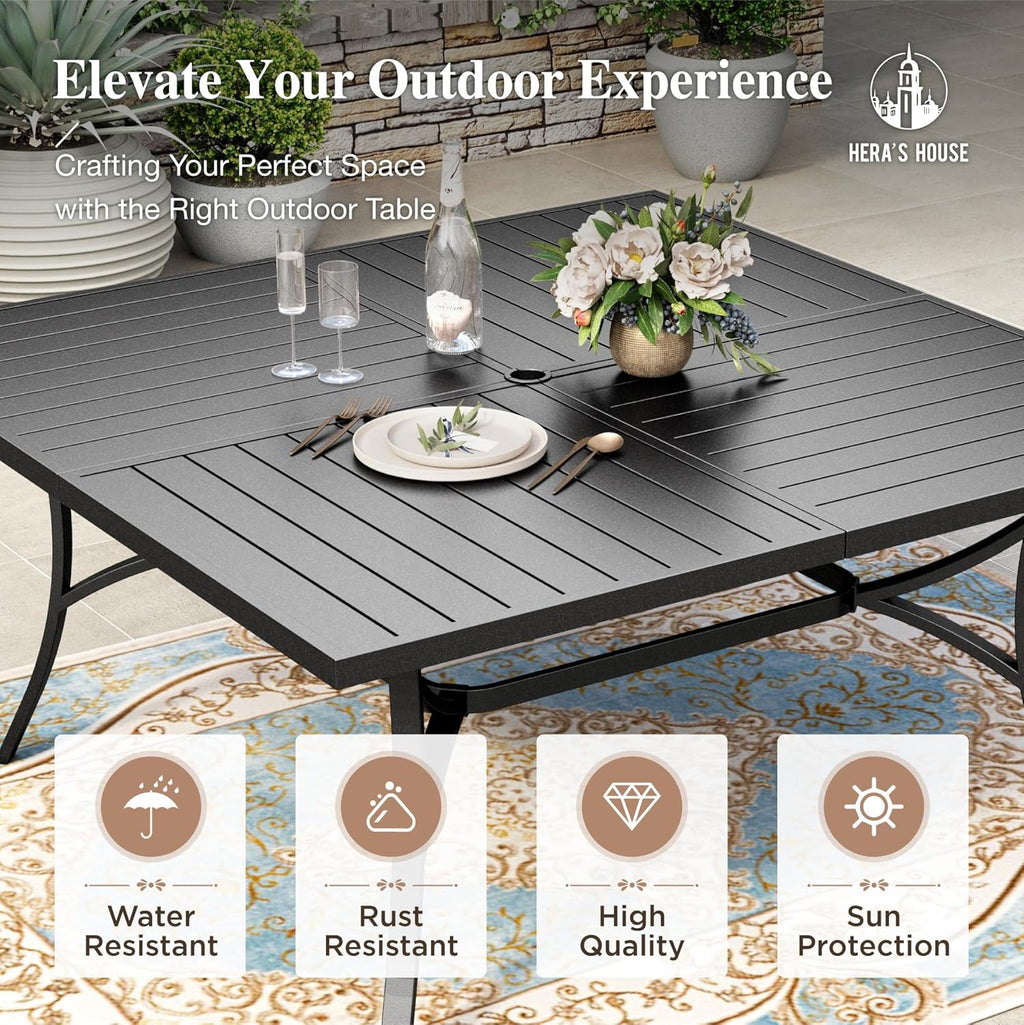 HERA'S HOUSE Patio Dining Set 9 Pieces, Outdoor Table and Chairs Set for 8, 8 x Red Textilene Dining Chair, 60" Square Metal Dining Table with 1.57" Umbrella Hole, for Lawn Garden Backyard Deck