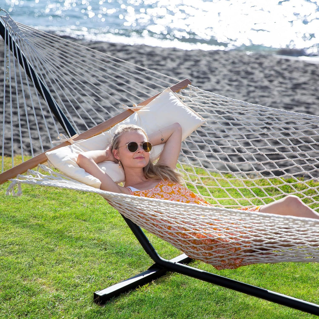 SUNCREAT Double Outdoor Hammock with Stand Included, Portable Cotton Rope 2 Person Hammock for Outdoor, Patio, Garden, Backyard, Beige