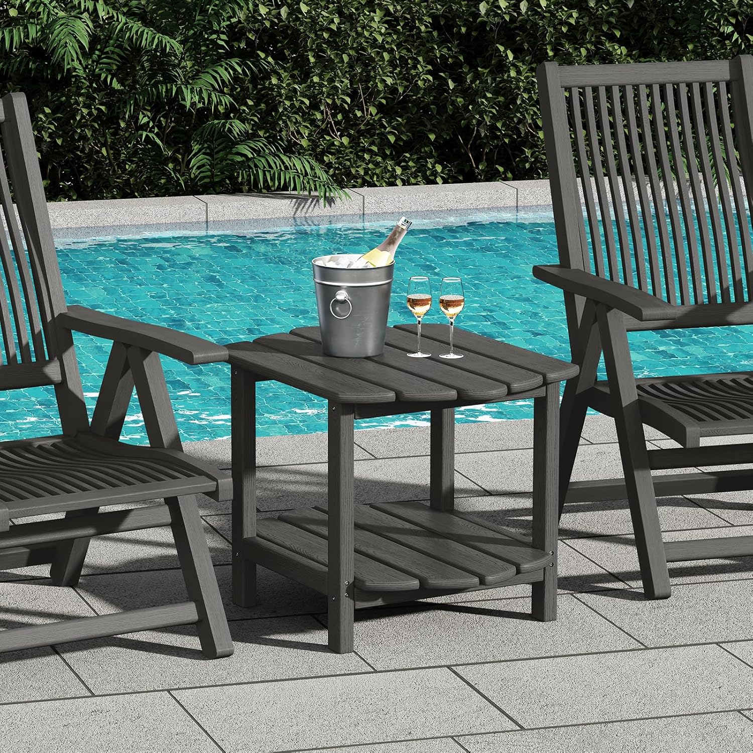 Small Outdoor Side Tables Modern 2-Tier Adirondack Table Rustic End Table HDPE Storage Shelf Industrial Corner Rectangle Coffee Table for Patio Garden Balcony Backyard Pool Farmhouse Home Grey