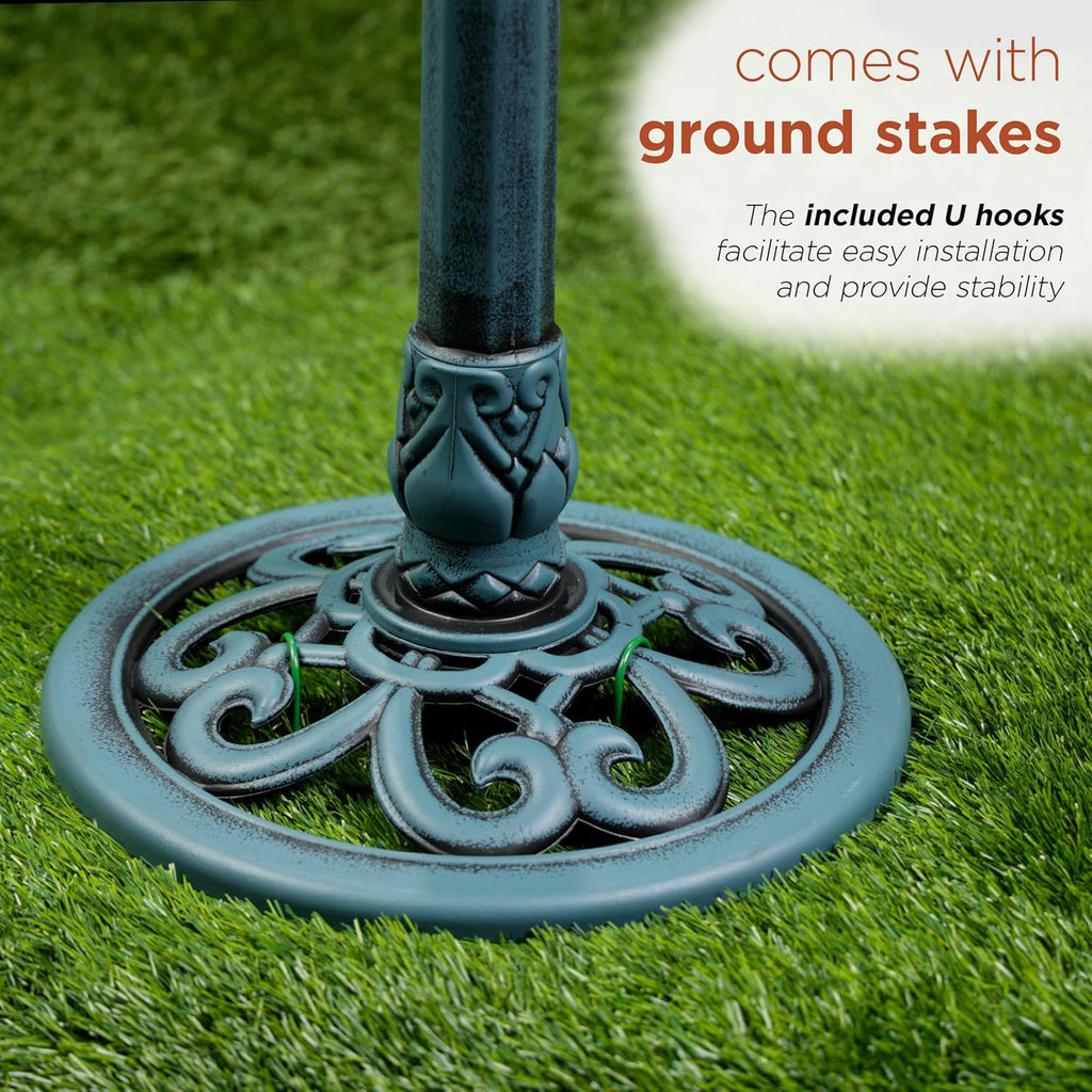Alpine Corporation TEC116BL Pedestal Birdbath with Scrollwork Base and Ground Stakes, Décor for Lawn & Garden, 21" H, Blue