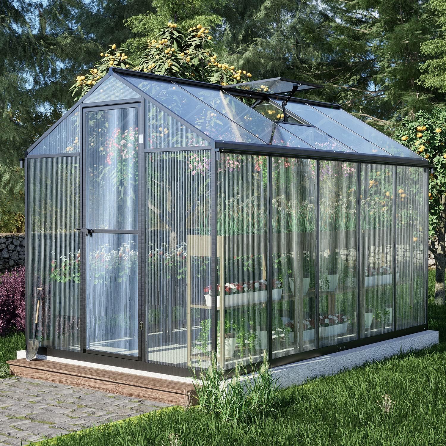 BPS 6' x 10' Walk-in Polycarbonate Greenhouse with Heavy-Duty Aluminum Frame, 2 Vent Windows & Lockable Door for Outdoor, Patio, Backyard, and Garden Use