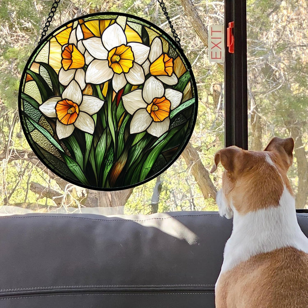 Stained Glass Window Hanging, Yellow and White Daffodils Sun Catcher for Door Home Decor Plants Flowers Suncatcher Christmas Mother's Day Birthday Gifts for Women Men Mom Nana 9.8 in