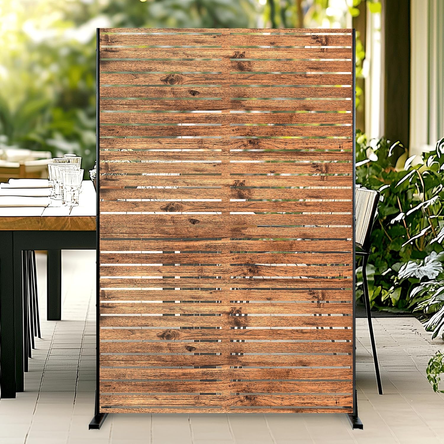 Metal Privacy Screen, 72" H×47" W Outdoor Privacy Screen, Freestanding Decorative Privacy Screen for Deck Balcony Patio, Natural Wood Brown