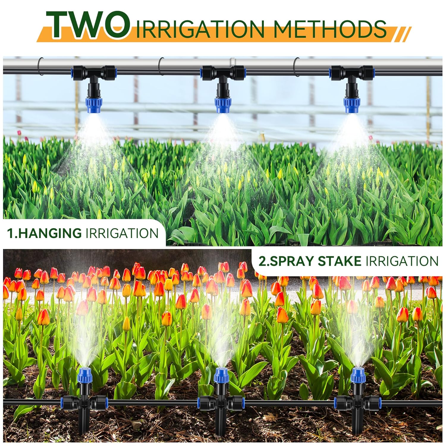 Meonum 65FT Garden Watering System, Quick Connector Drip Irrigation Kit, Hanging Plant Misting System Kit for Greenhouse, Yard, Lawn, Raised Bed with 1/4 inch Blank Tubing and Accessories(1 Pack)