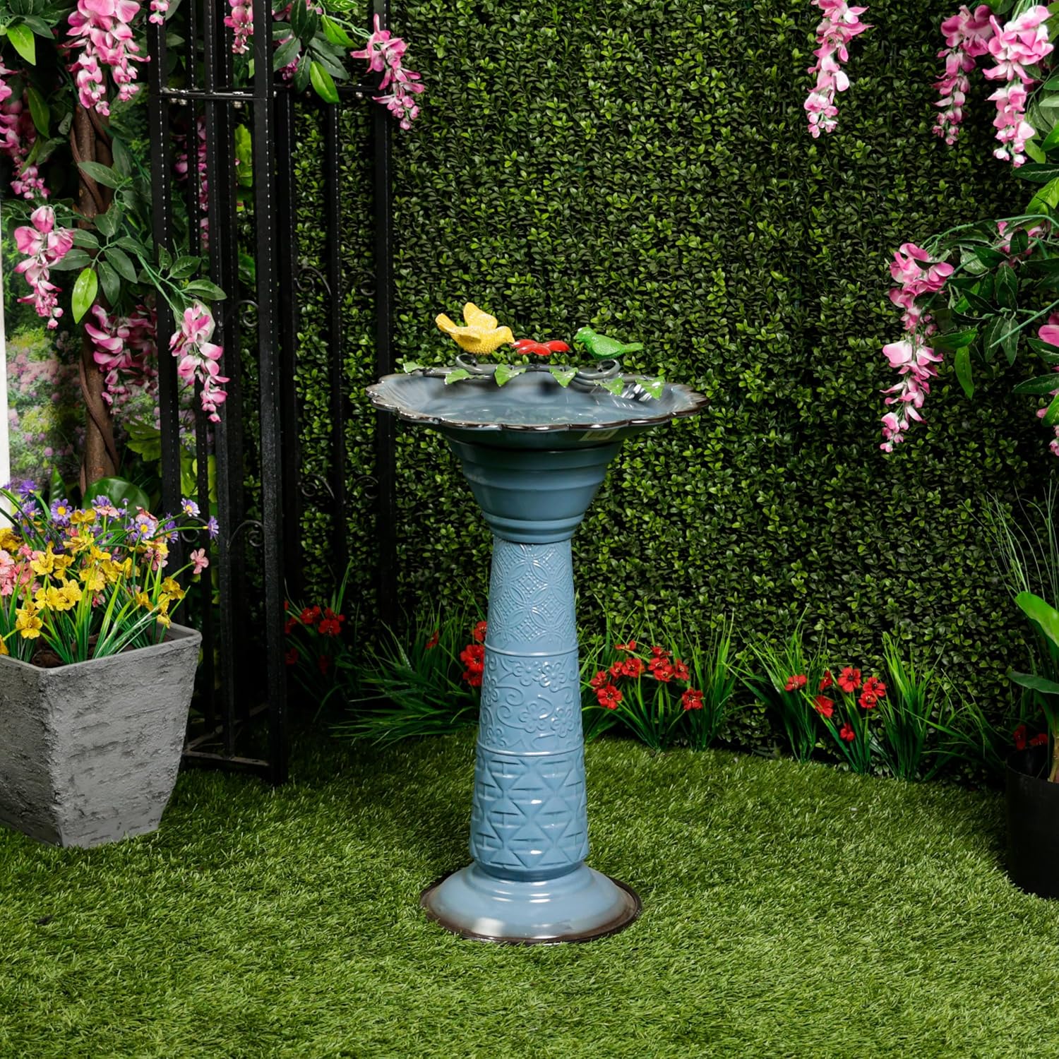 Alpine Corporation ORS112BL Vintage Metal Pedestal Birdbath with Stand, Shallow Bird Bath Bowl for Outside, 28" H, Blue