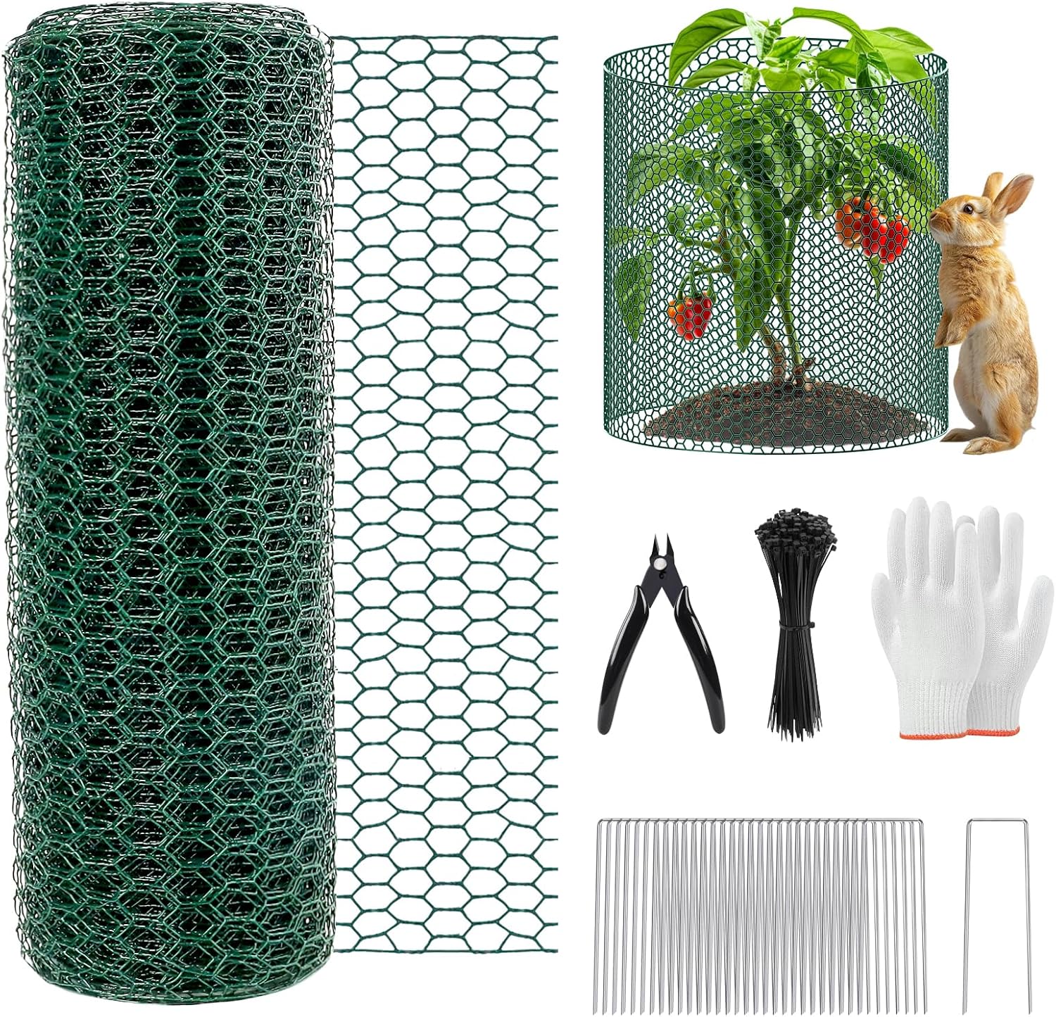 39.4Ft x 16In Plant Protectors from Animals, Plant Cages for Outdoor Plants, Free-Cut Metal Mesh Plant Covers Guards Fence Chicken Wire Cloche with Ground Stakes & Ties to Keeping Bunny Animals Out