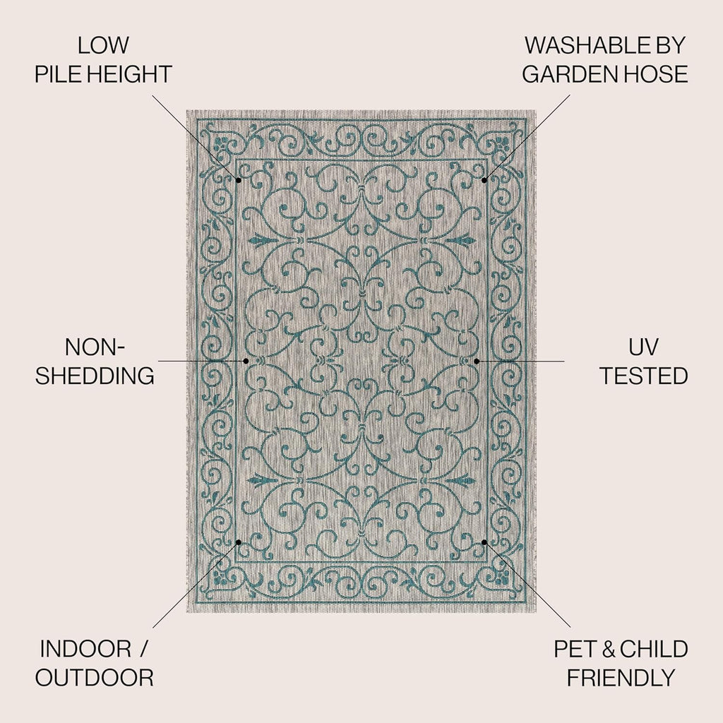 JONATHAN Y SMB106E-5R Charleston Vintage Filigree Textured Weave Gray/Teal 5' Round Indoor/Outdoor Area Rug, Pet Friendly, Non-Shedding, Stain Resistant, Easy-Cleaning for Backyard, Patio, Porch
