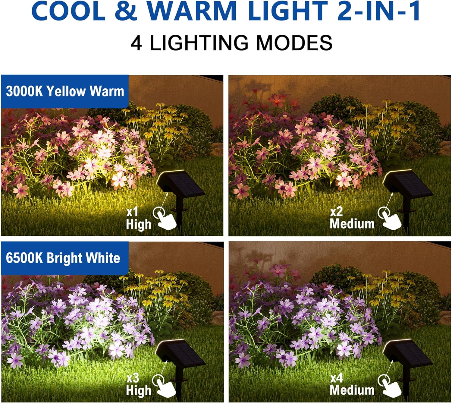 Solar Spot Lights Outdoor Waterproof IP65,4 Pack,2CCT(3000K/6500K),4 Lighting Modes Selectable, Solar Powered Yard Garden Solar Spot Lights for Outside Landscape Auto On/Off