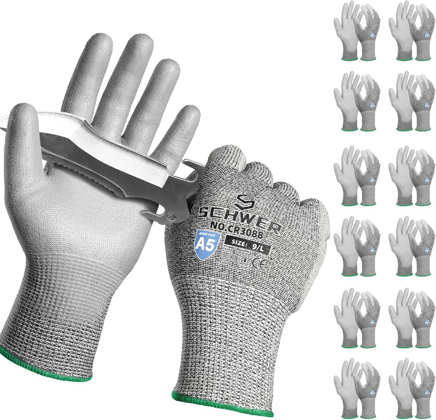 Schwer 240 Pairs ANSI A5 Cut Resistant Work Gloves, Cut Proof Gloves with PU Coating, Used for Metal Fabrication, WoodWorking, Construction, Non Slip, Durable, L, CR3088
