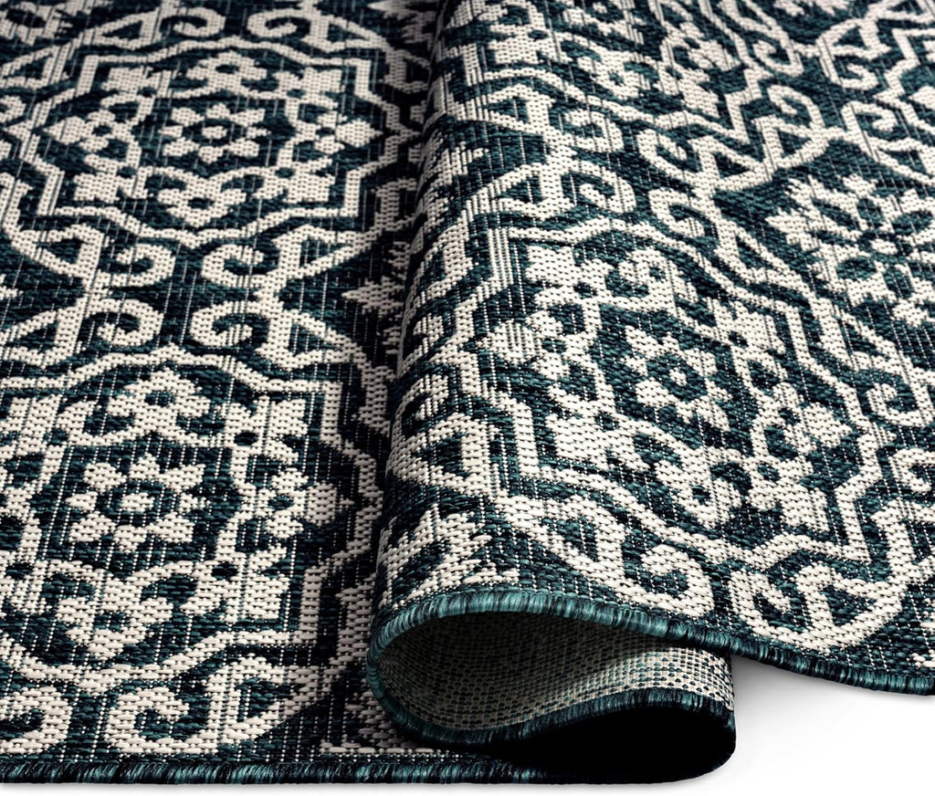 Nicole Miller New York Patio Country Julia Transitional Geometric Indoor/Outdoor Area Rug, Navy Blue/Ivory, 6'6"x9'2"