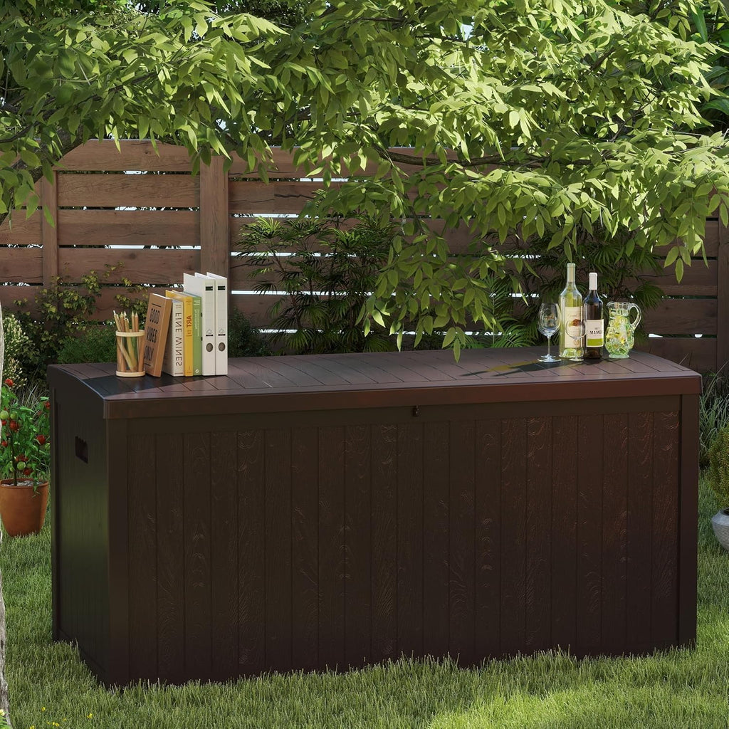 Outdoor Storage Box, 120 Gallon Deck Box Indoor and Outdoor Use, Waterproof Resin Storage Bin for Patio Cushions, Gardening Tools, Lockable, UV Resistant, Brown