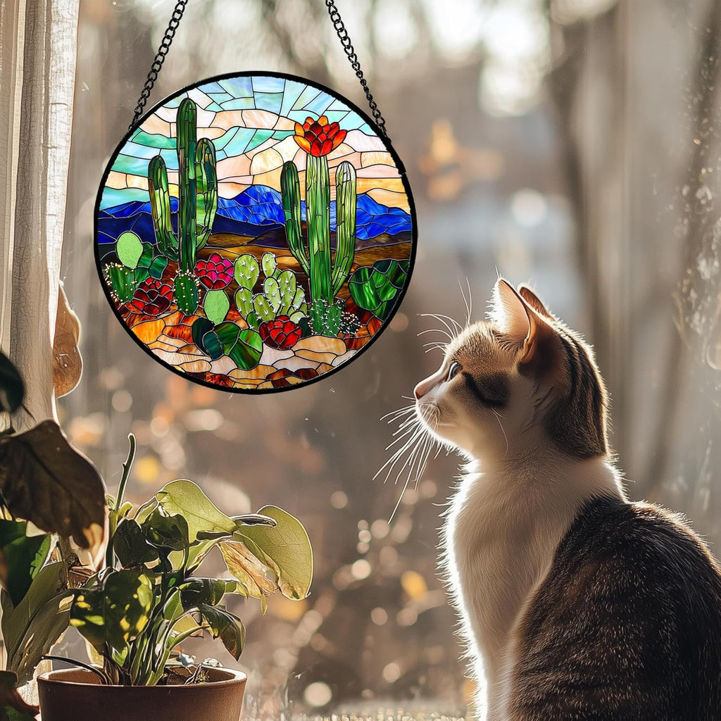 Stained Glass Window Hanging, Green Cactus Suncatcher for Doors Window Home Plant Landscape Sun Catchers Decoration Mother's Day Birthday Gifts for Women, Men, and Mom 6.3 in