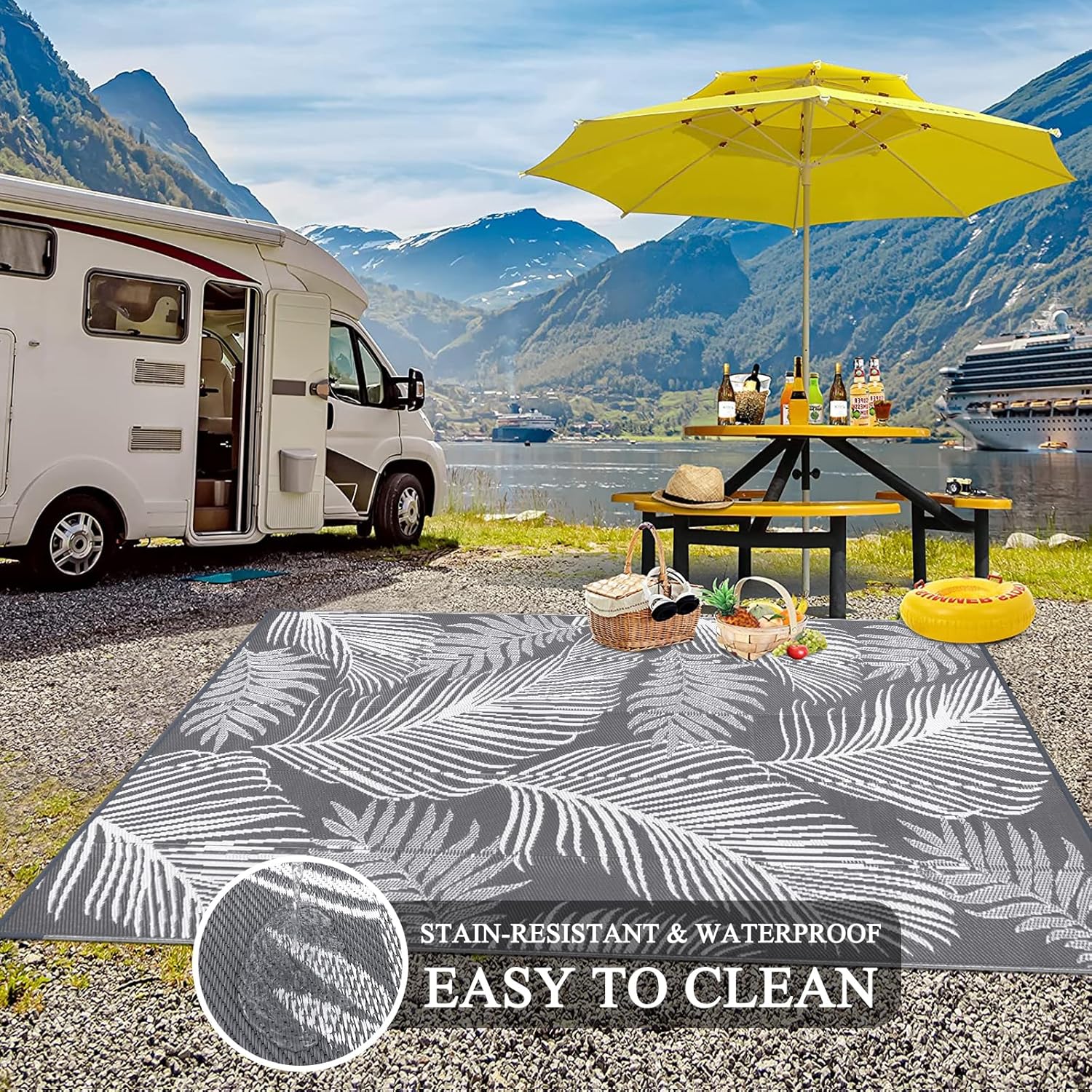 Pauwer Waterproof Outdoor Rug 6x9, Reversible Plastic Straw Patio Camping Rug, Indoor Outdoor RV Mat Carpet for Deck, Camper, Porch, Balcony, Backyard, Picnic, Leaf Grey