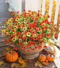 Artificial Fall Flowers Faux Mums for Outdoor Indoor Garden Home Decoration, Faux Flower Daisy with Eucalyptus Leaves Fake Mums Plants Greenery Boxwood Porch Patio, 12 Bundles (OrangeYellow)