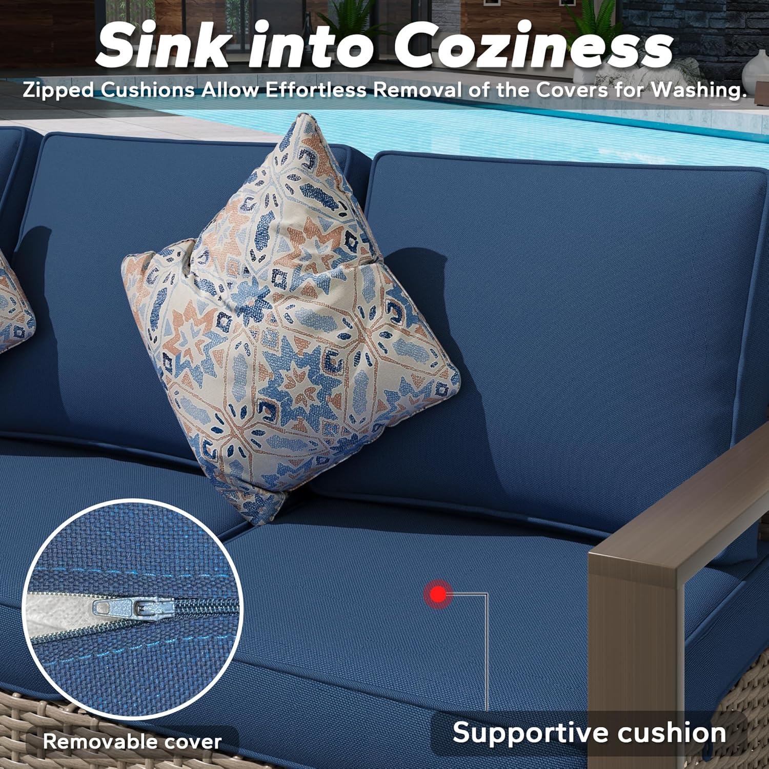 Wicker Patio 75" Sofa Set with Two Ottomans, All Weather Rattan Outdoor Conversation Furniture Set with Wood-Looking Metal Armrest for Deck Backyard Porch, Dark Blue