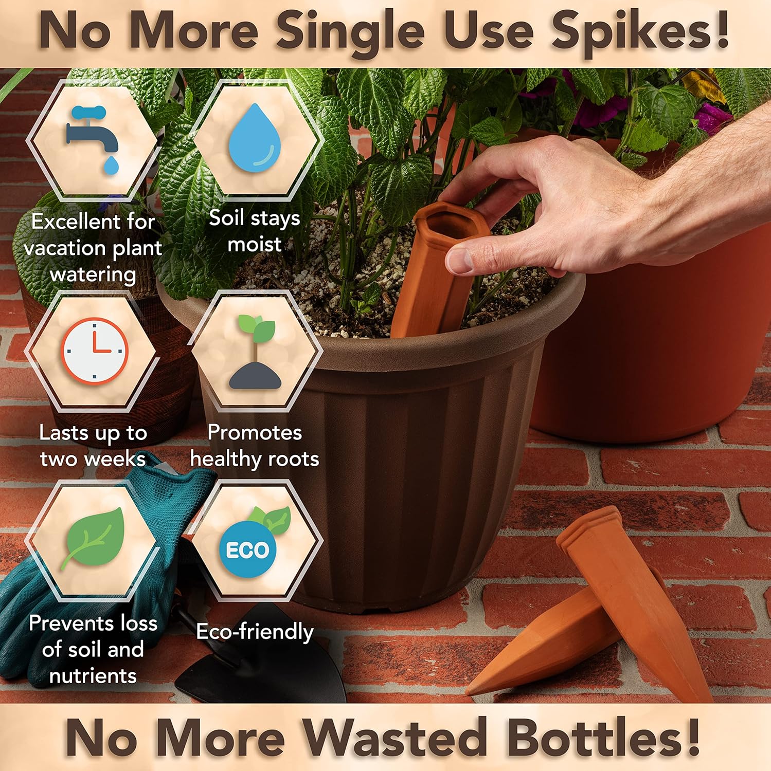 6 Pack Terracotta Watering Spikes for Indoor and Outdoor Plants - Simple and Easy Setup - Keep Plants Happy and Watered While You are Away