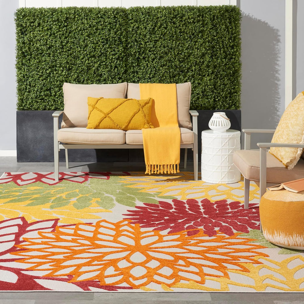 Nourison Aloha Indoor/Outdoor Red Multi Colored 7'10" x 10'6" Area Rug, Tropical, Botanical, Easy Cleaning, Non Shedding, Bed Room, Living Room, Dining Room, Deck, Backyard, Patio (8x10)