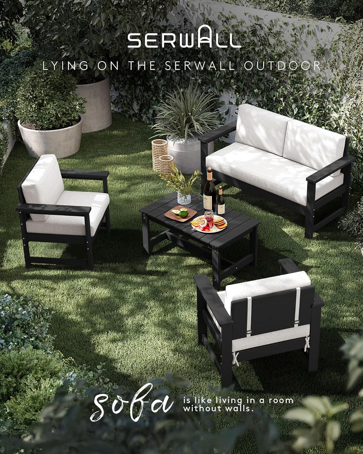 SERWALL 6 Pieces HDPE Outdoor Sofa Set with Cushions, Outdoor Conversation Couch Loveseat Furniture Set with Coffee Table for Balcony, Deck, Poolside, Black Frame with Khaki Cushions