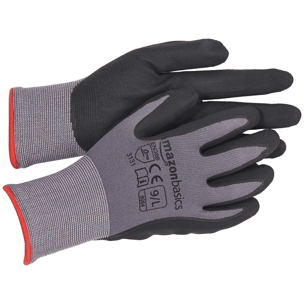 Amazon Basics Micro-Foam Nitrile Coated Work Gloves, Nylon Liner Fiber, Touch Screen, Grey, Size 9/L, 12 Pairs