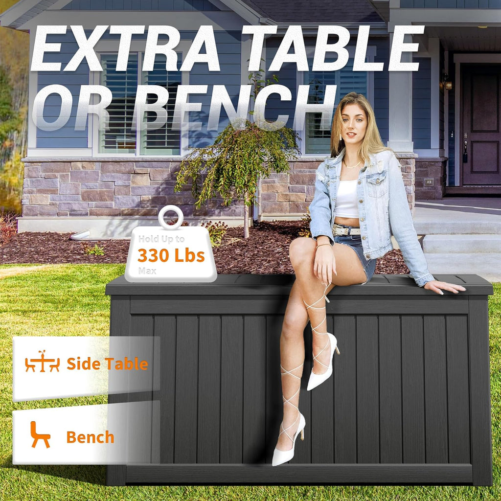 NUNU LAB 230 Gallon Large Resin Deck Box, Waterproof Outdoor Storage Box, Lockable Storage Bin for Patio Furniture, Garden Tools, Pool Accessories, UV-Resistant & All-Weather, Black