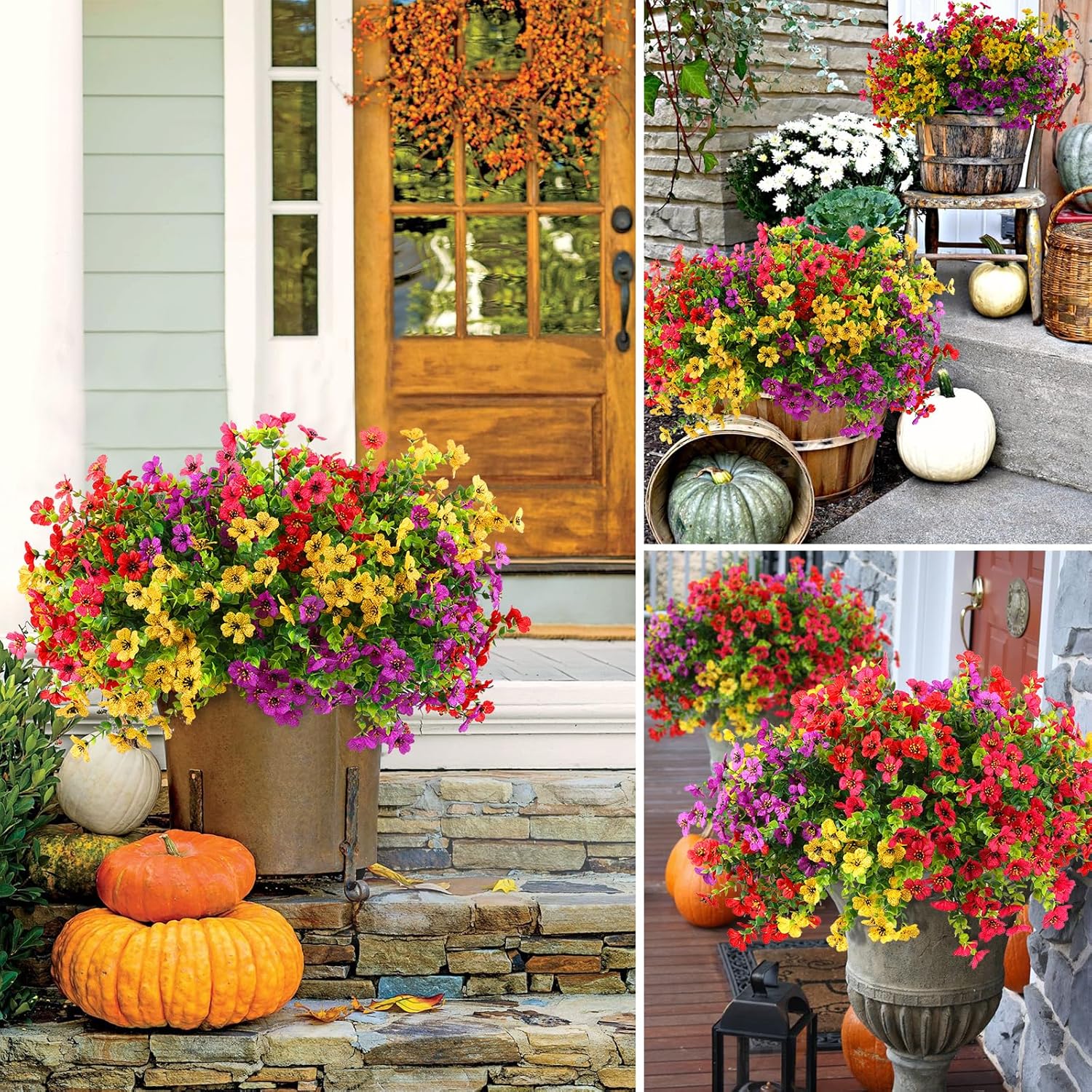 36 Bundles Artificial Flowers Outdoors UV Resistant Fake Plastic Spring Mum Flowers Colorful Silk Plants for Outside Porch Window Patio Home Decor(36, Red, Purple, Yellow, Rose Red)