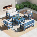 SERWALL 6 Pieces HDPE Outdoor Sofa Set with Cushions, Outdoor Conversation Couch Loveseat Furniture Set with Coffee Table for Balcony, Deck, Poolside, Black Frame with Khaki Cushions