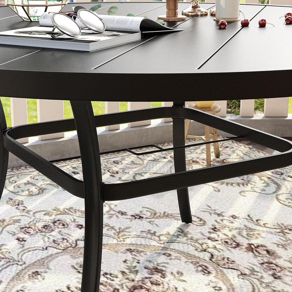VICLLAX Patio Dining Set for 8, Outdoor Furniture Set Includes 53" Round Patio Table and 8 Patio Sling Chairs, Black Tabletop and Blue Fabric