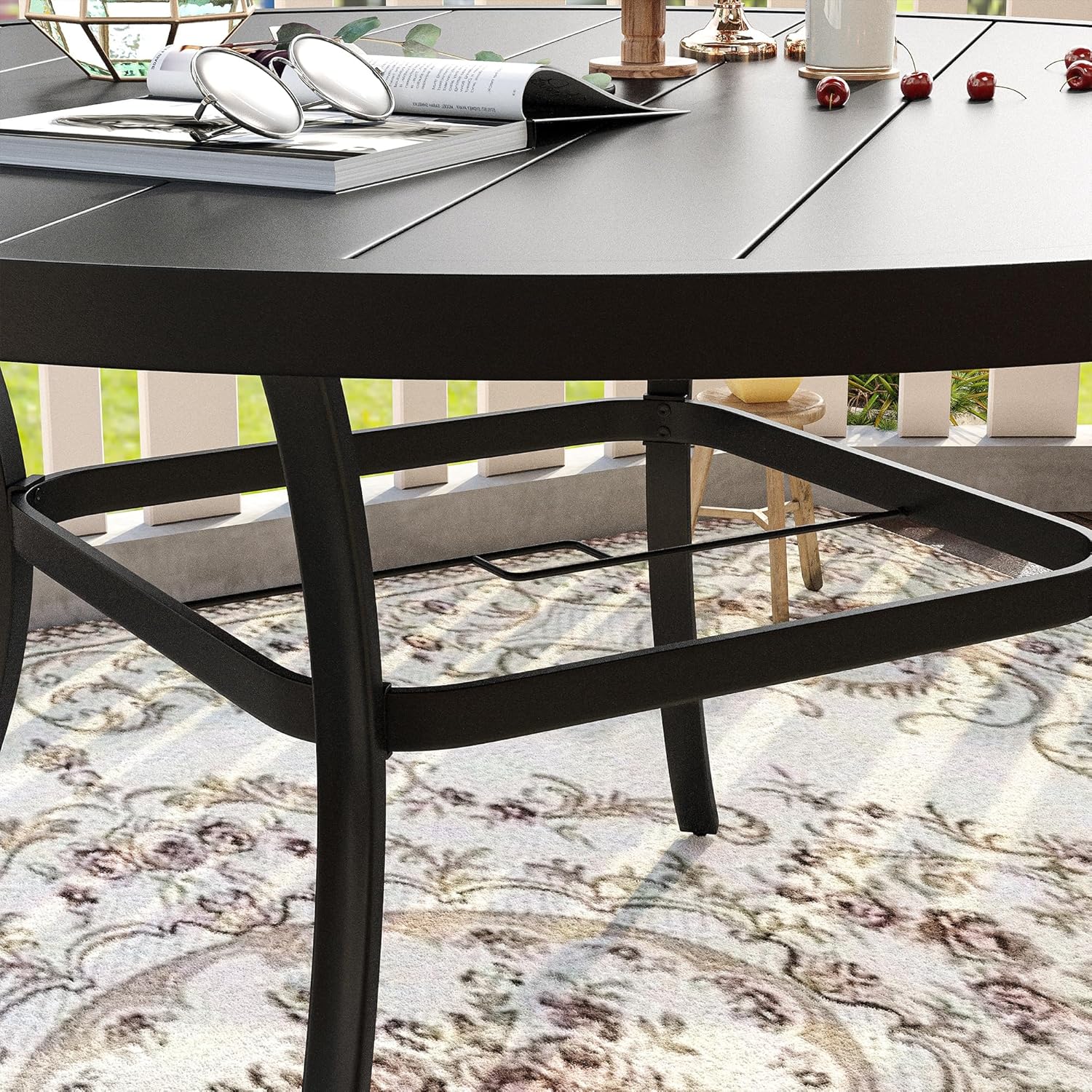 VICLLAX Patio Dining Set for 8, Outdoor Furniture Set Includes 53" Round Patio Table and 8 Patio Sling Chairs, Black Tabletop and Blue Fabric