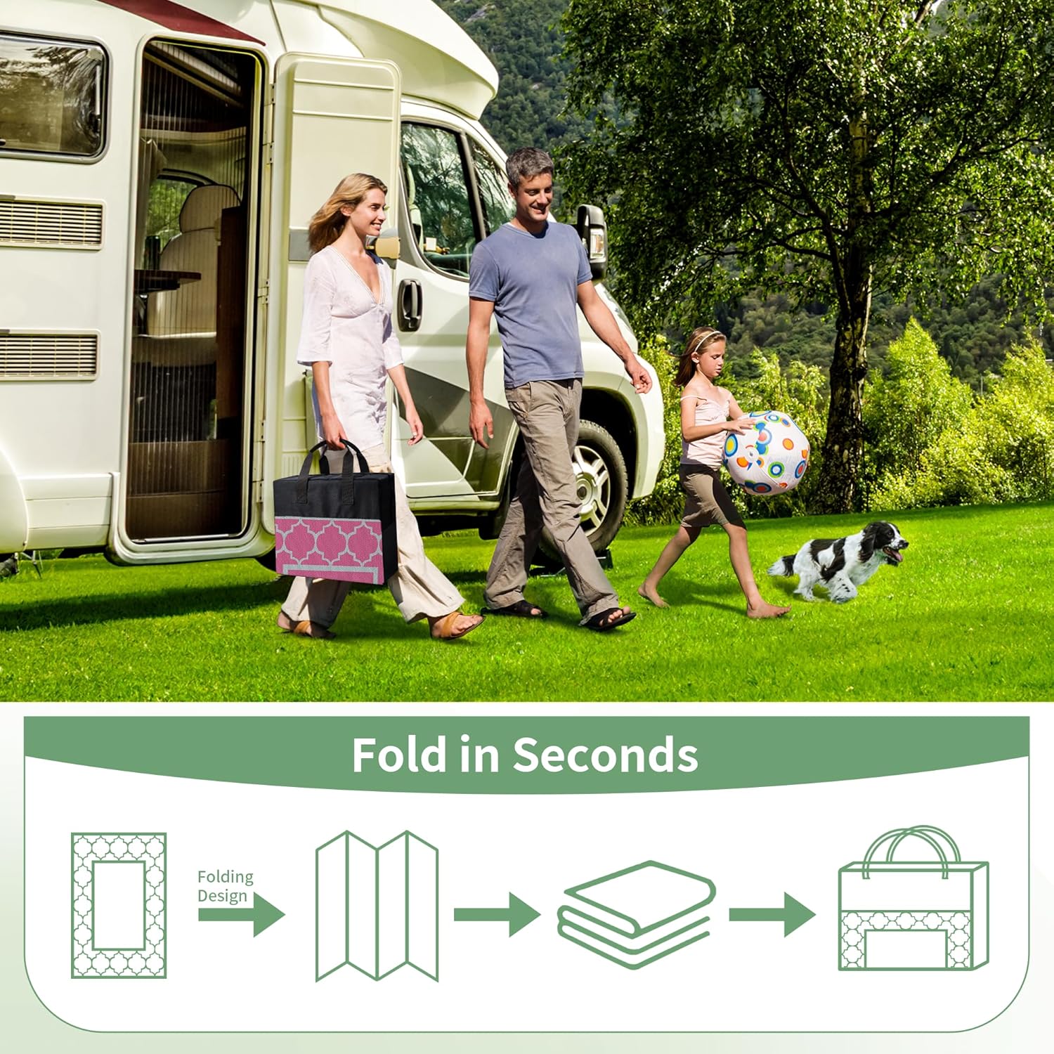 GENIMO 6' x 9' Outdoor Rug Waterproof for Patio Decor, Foldable Reversible Plastic Straw Area Rugs Mat for Camper, Outside Carpet for Rv, Deck, Porch, Picnic, Beach, Balcony, Pink & Grey