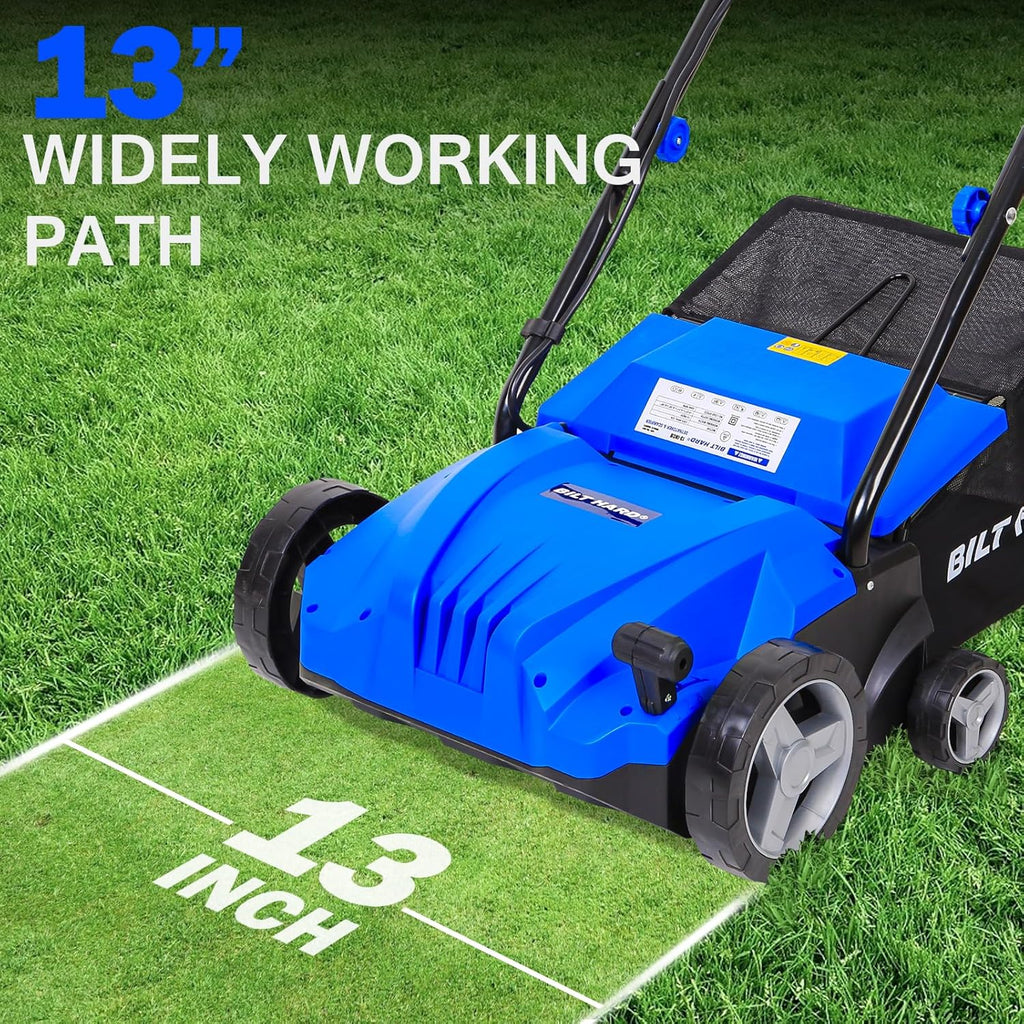 BILT HARD Dethatcher Scarifier Electric Powered, 12 Amp Copper Motor 13 inch Raking Width, 8 gal Thatch Bag, 2 in 1 Walk Behind Thatch Removing Machine for Lawn