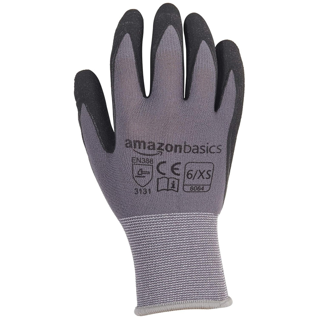 Amazon Basics Micro-Foam Nitrile Coated Work Gloves, Nylon Liner Fiber, Touch Screen, Grey, Size 6/XS, 12-Pair