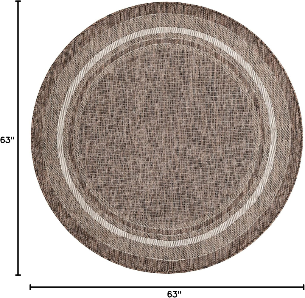 Unique Loom Outdoor Border Collection Area Rug - Soft Border (5' 3" Round Brown/Ivory)