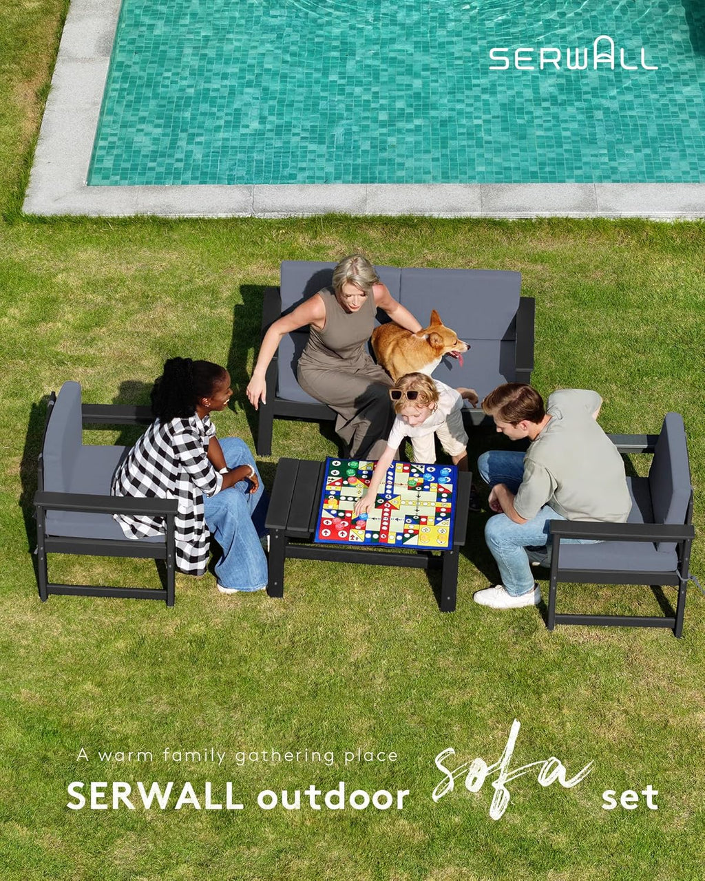 SERWALL 4 Pieces HDPE Outdoor Sofa Set with Cushion, All Weather Use Conversation Couch Set, Outdoor Loveseat Social Furniture with Coffee Table and Cushions, Black Frame with Grey Cushions