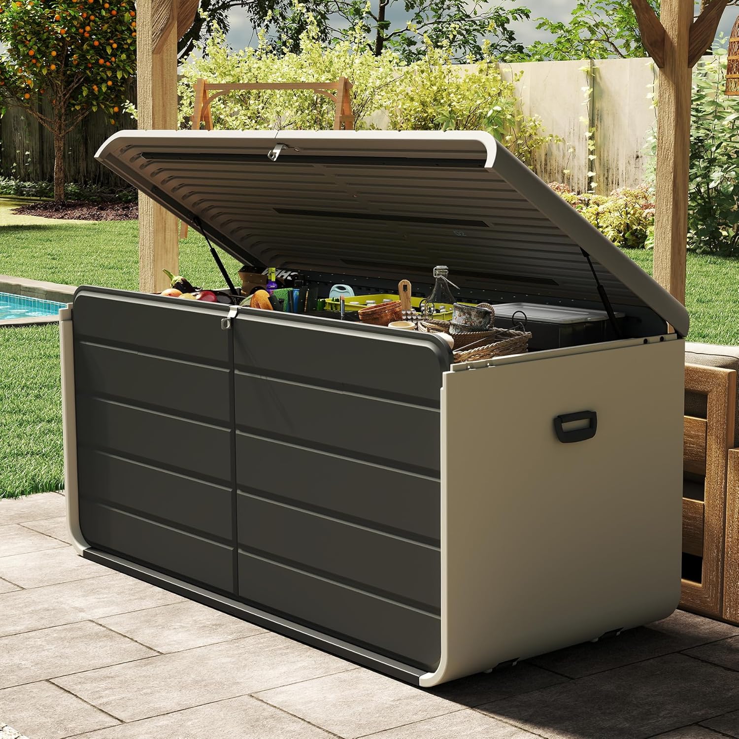 Domi 200 Gallon Resin Deck Box, Waterproof & UV-Resistant Outdoor Large Storage Box Lockable Storage Bin for Patio Cushions Pool Supplies Garden Tools and Delivery Storage