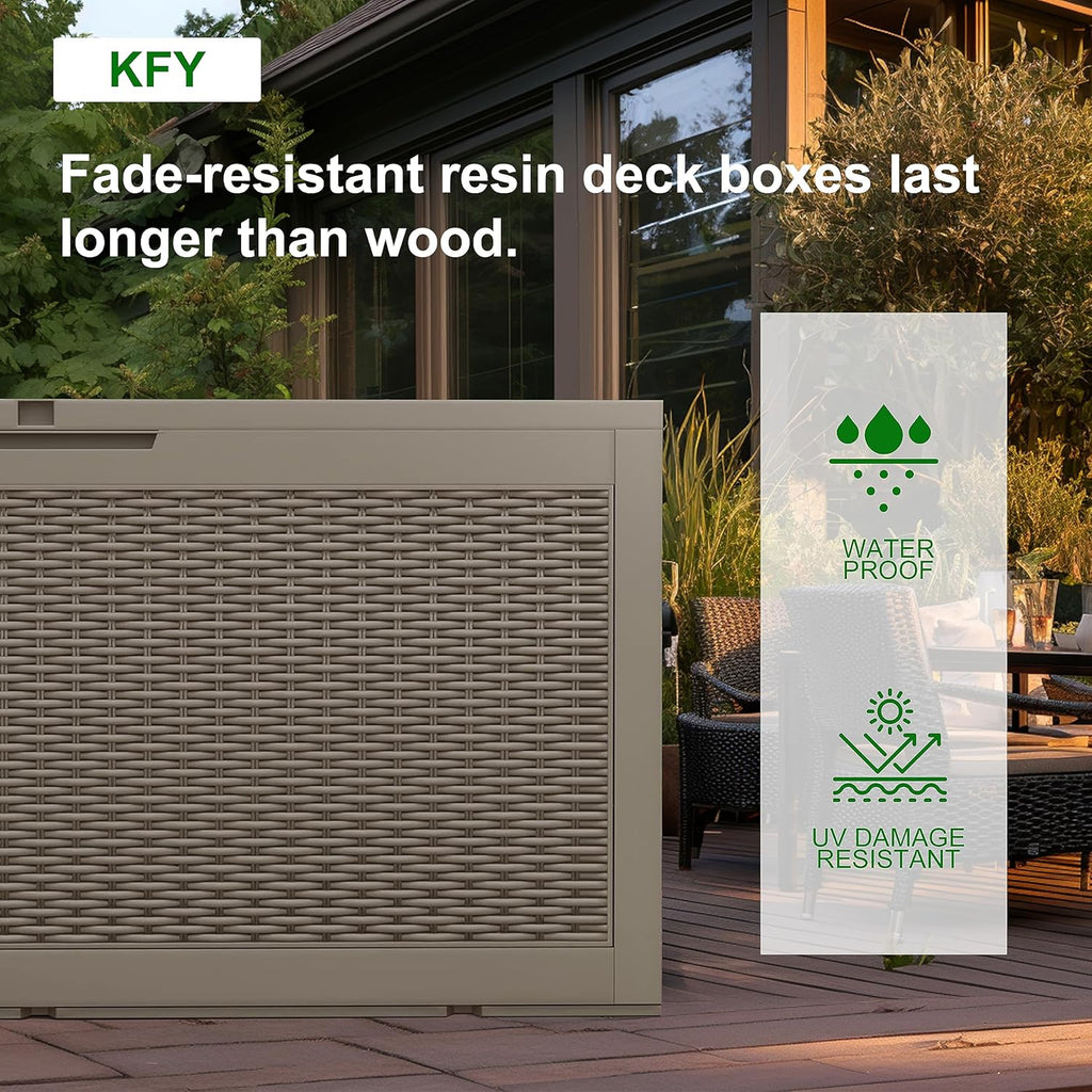 100 Gallon Resin Deck Box, Lockable Patio Outdoor Storage Box for Furniture, Garden Tools and Tools Storage, Waterproof Outside Storage Box - Grey