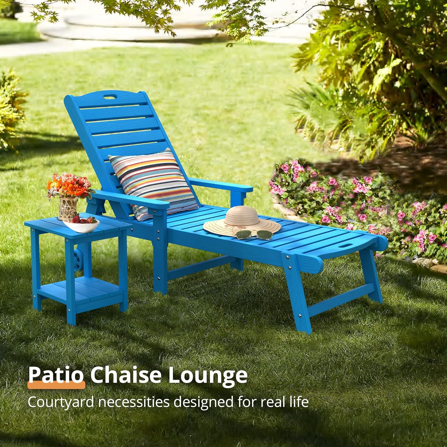 LUE BONA Outdoor Chaise Lounge Chairs Set of 4, 79'' Oversized HDPS Chaise Lounger, 5 Positions Adjustable Lounge Chairs, Pool Lounge Chair with Wheels for Poolside, Backyard, 3 Year Warranty, Blue
