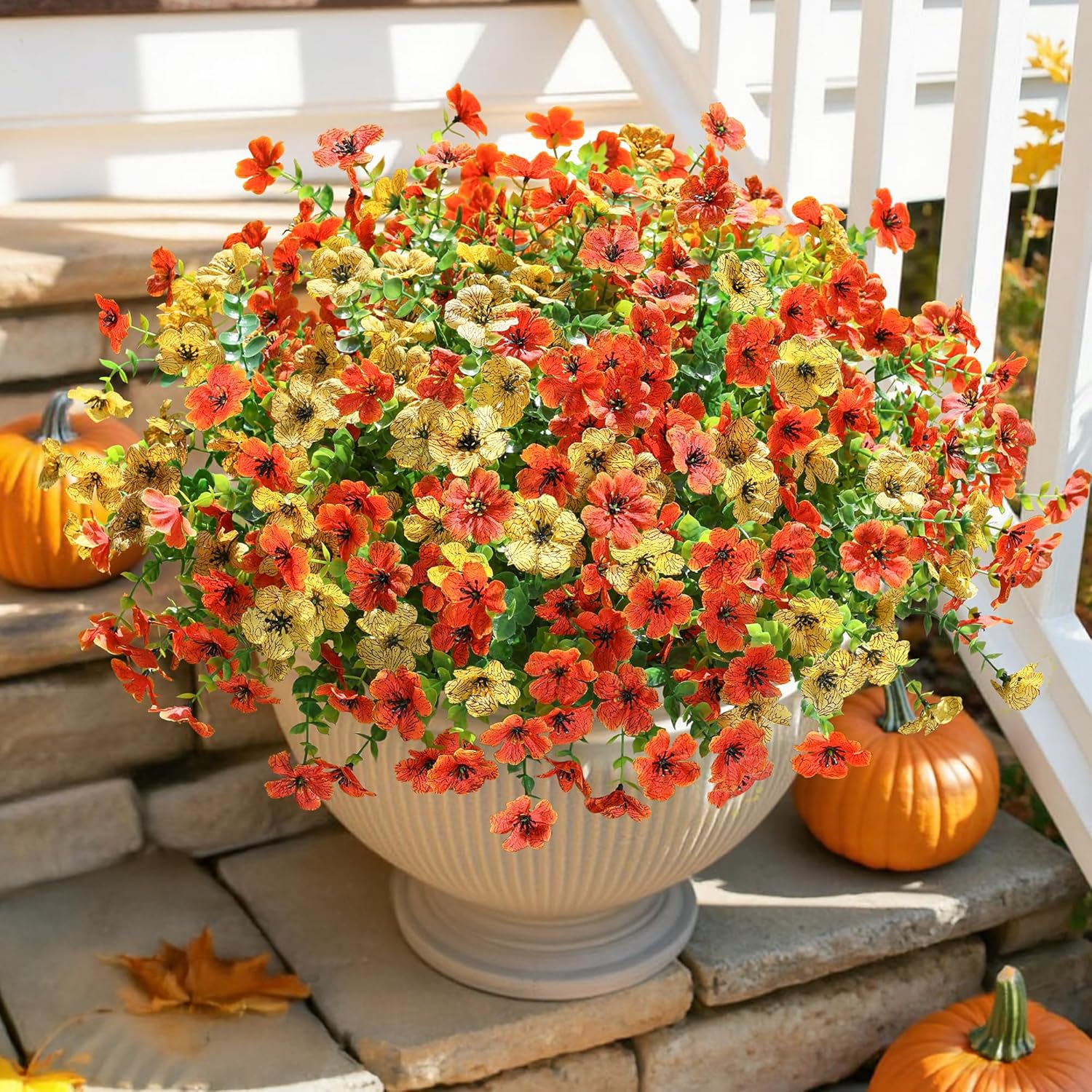 Artificial Fall Flowers Faux Mums for Outdoor Indoor Garden Home Decoration, Faux Flower Daisy with Eucalyptus Leaves Fake Mums Plants Greenery Boxwood Porch Patio, 12 Bundles (OrangeYellow)