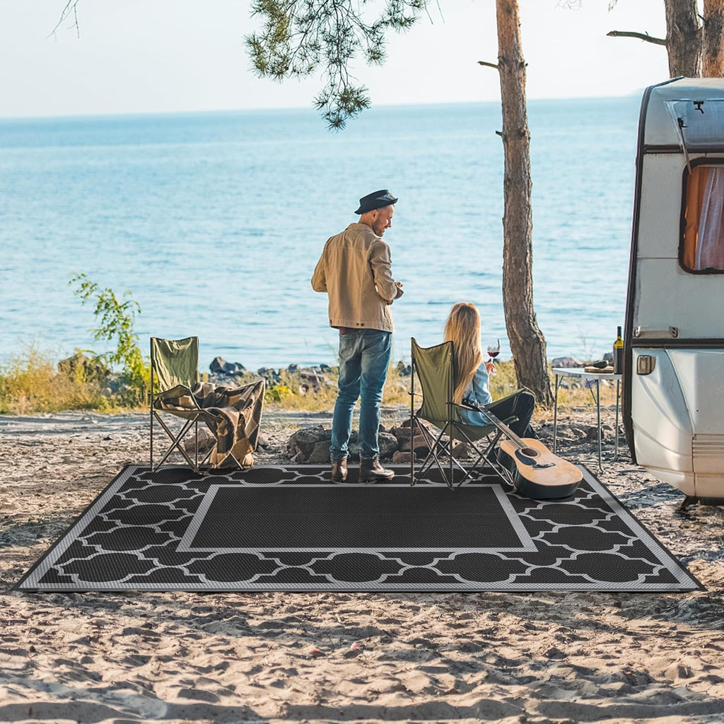 GENIMO Outdoor Rug 9' x 12' Waterproof for Patio Decor, Reversible Plastic Straw Area Rugs Mat for Camper, Outside Carpet for Camping, Rv, Deck, Porch, Picnic, Beach, Balcony, Black & Grey
