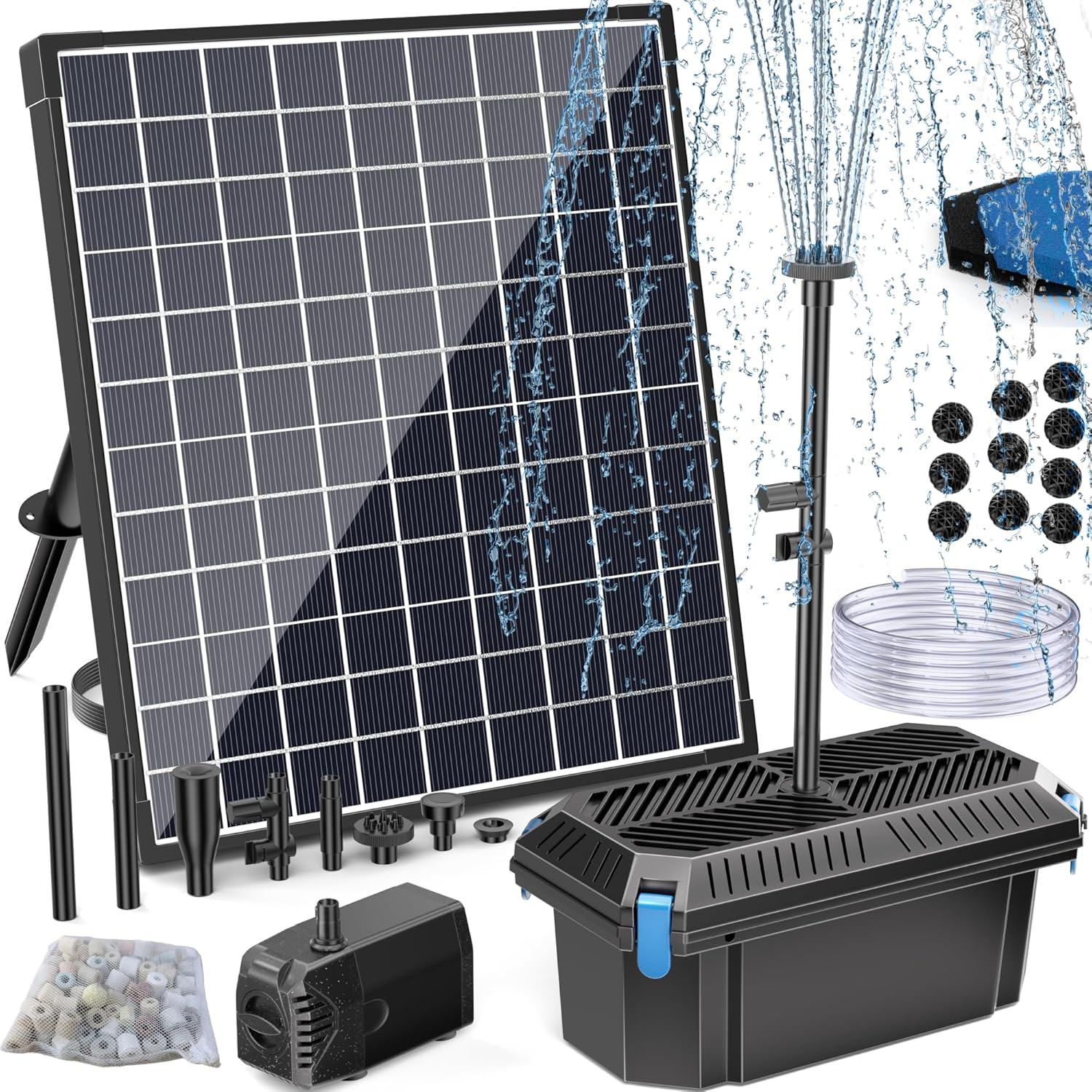 POPOSOAP Solar Water Pump with Pond Filter, 25W Solar Pond Filter with Fountain Pump Water Flow Adjustable, Pond Filter with Tubing for Outdoor Ponds Fish Tank Pool Garden Water Feature Waterfall