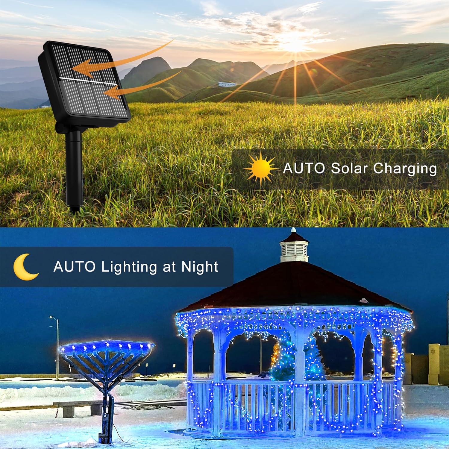 Solar String Lights for Outside, 39Ft 100 LED Solar String Lights Outdoor with 8 Modes，Solar Lights for Outside Waterproof for Yard, Fence,Balcony, Party,Christmas Tree Decorations (Blue&White)