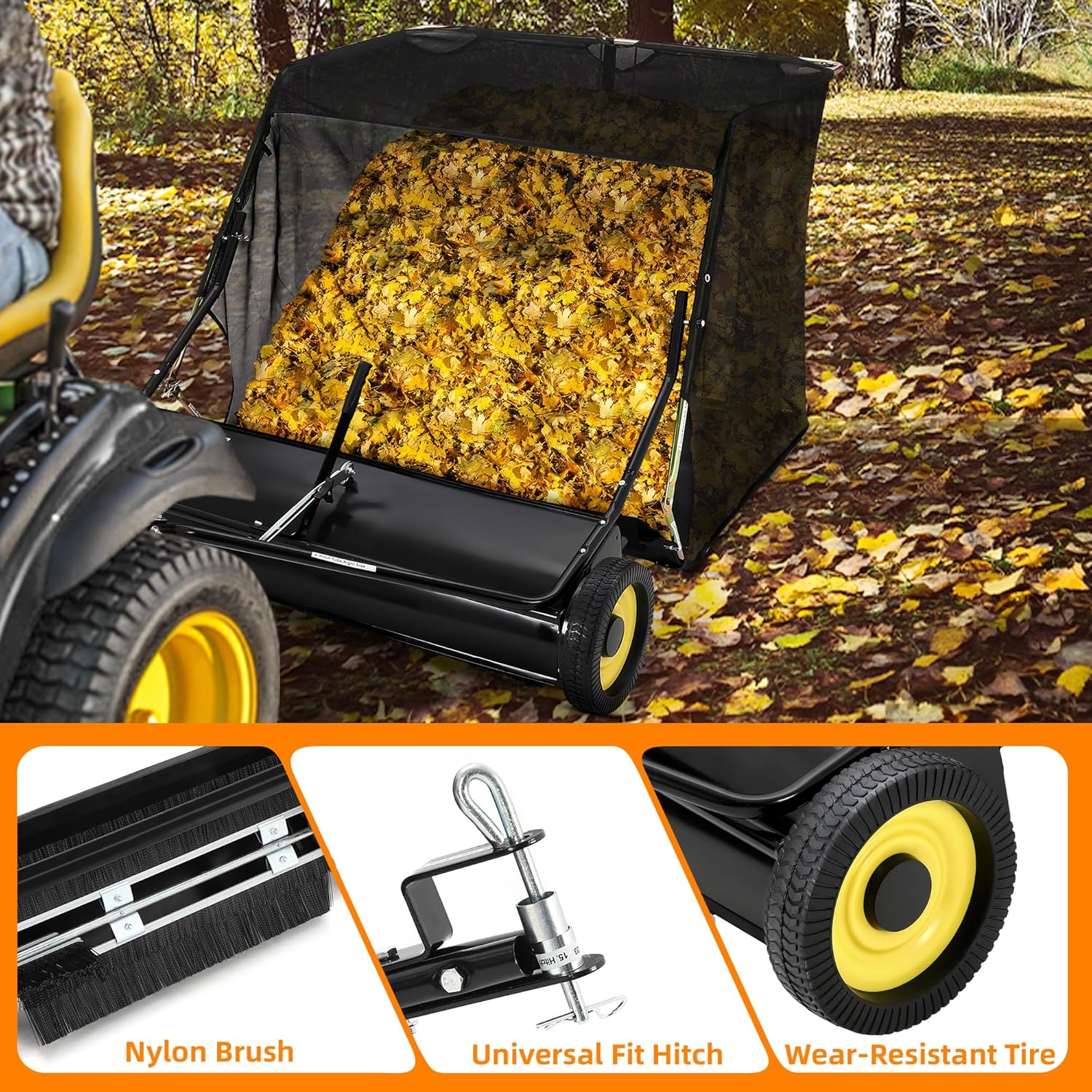 GAOMON 50'' Tow Behind Lawn Sweeper,Pull Behind Lawn Sweeper,with 26 Cu. Ft. Large Capacity Leaf Collector,Adjustable Sweeping Height for Yard, Lawn, Farm