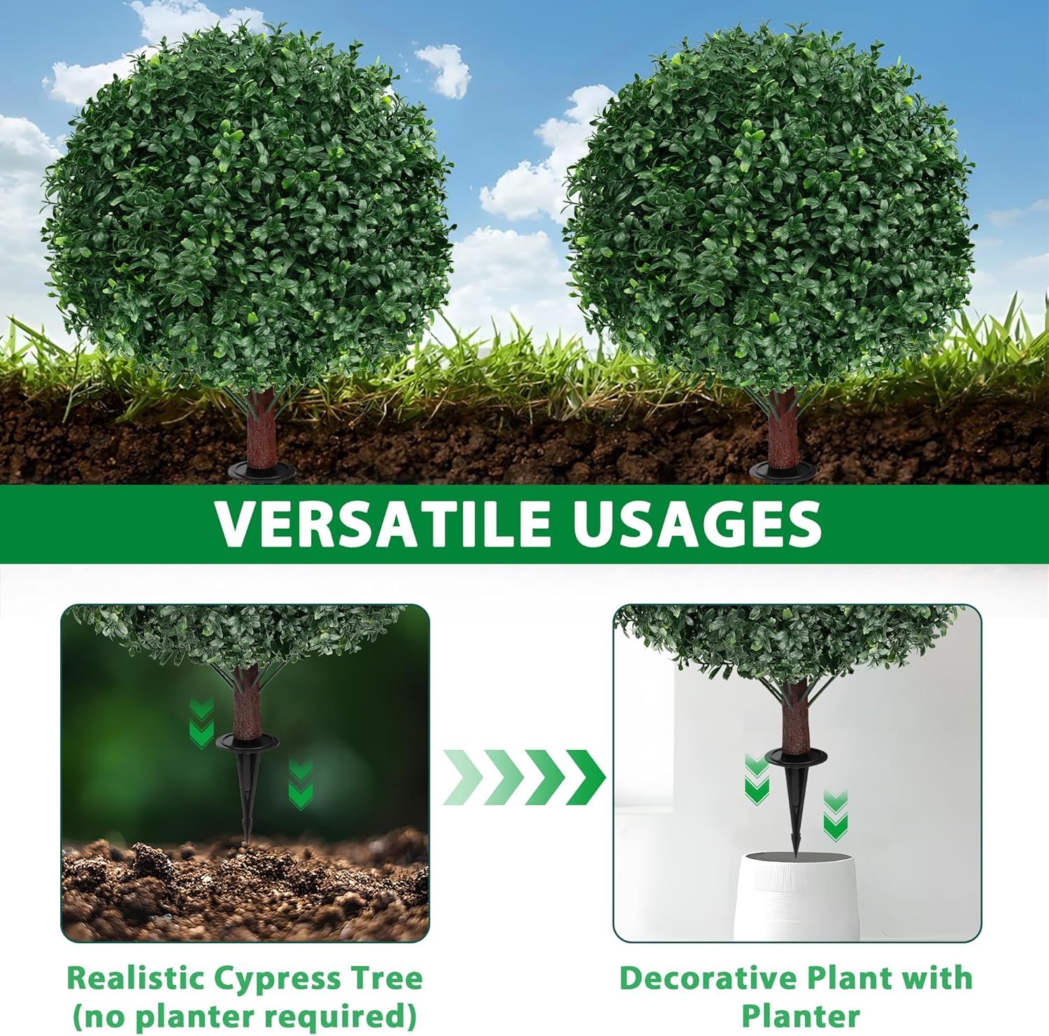 Artificial Boxwood Topiary Ball Tree with Ground Spike, Set of 2 Artificial Shrub Bushes, Fake Evergreen Tree for Porch, Artificial Plants for Outdoor Planters Indoor UV Resistant